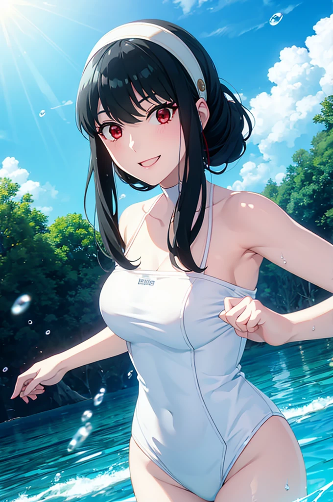 White hair band、Red eyes、Black Hair、Yor Briar、Beautiful woman swimming underwater、Dazzling Sun、smile、Splash、Angles from under water