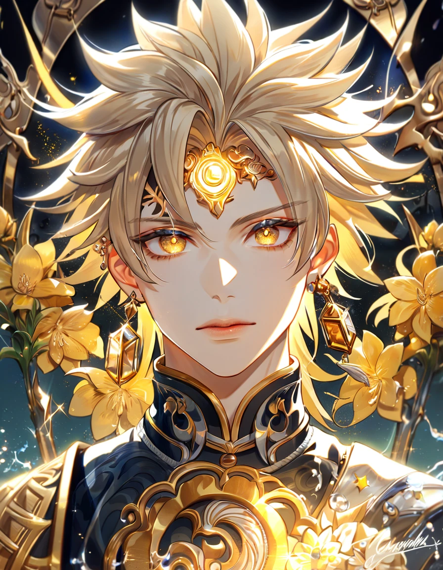 absurdres, highres, ultra detailed, HDR, master piece, best quality, extremely detailed, Susanoo, ash-blond spiked hair, expressive golden eyes, earrings, golden mark on his forehead, Onmyoji, solo, sexy man, handsome, black tunic, magical, fantasy, glittering, sparkling, glass, yellow flowers, yellow petals, water