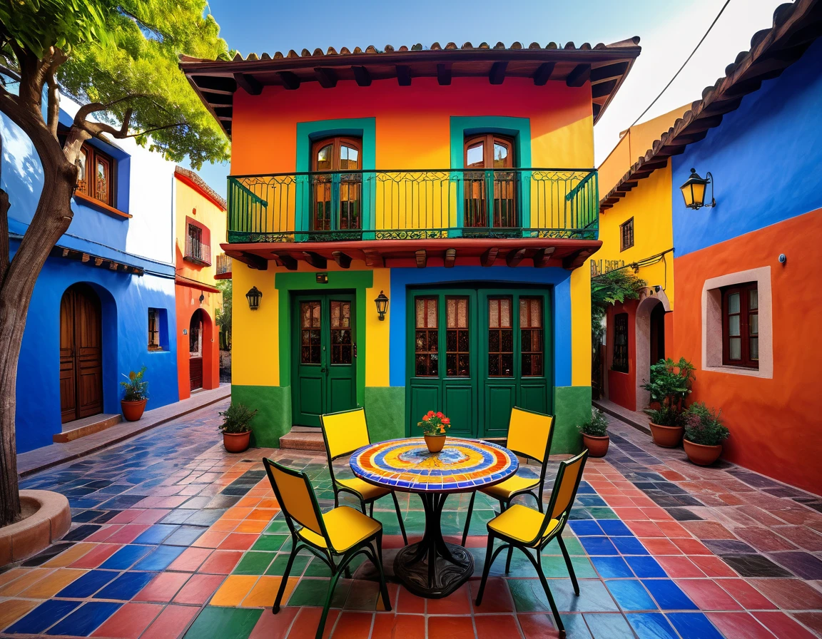 photography of a small house with a table and chairs in front of it, colorful house, colorful tiled architecture, tlaquepaque, by Hundertwasser, 2 4 mm iso 8 0 0 color, by Miroslava Sviridova, beautifully painted, colorful architecture, colorful building, quaint, colorful caparisons, beautiful colorful tilework, realistic 4k ultra detailed, deep focus, vibrant colors,high saturation,high contrast,very high resolution,HDR,8k, masterpiece, best quality