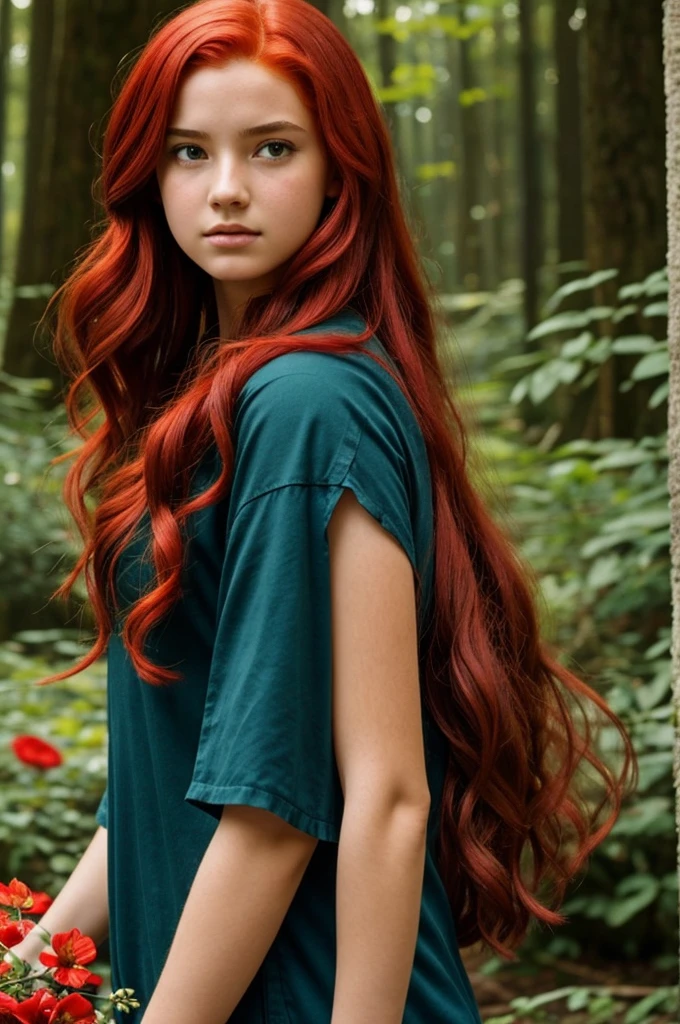 A teenager, daughter of Persephone with red hair and have the power to control nature and flowers and have percy jackson&#39;s camp half blood shirt on