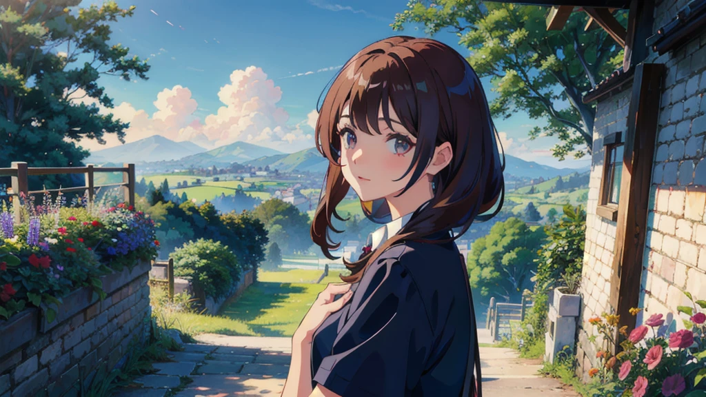 masterpiece,Highest quality,One Girl,The hair color is brown，Kind eyes，Gradient Hair,countryside,Cityscape,sunlight,Flowers and plants,blue sky,scenery,afternoon,Light Perception,Soft sunlight,