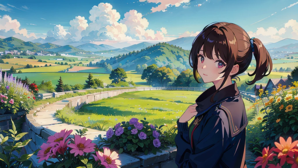 masterpiece,Highest quality,One Girl,The hair color is brown，Kind eyes，Gradient Hair,countryside,Cityscape,sunlight,Flowers and plants,blue sky,scenery,afternoon,Light Perception,Soft sunlight,