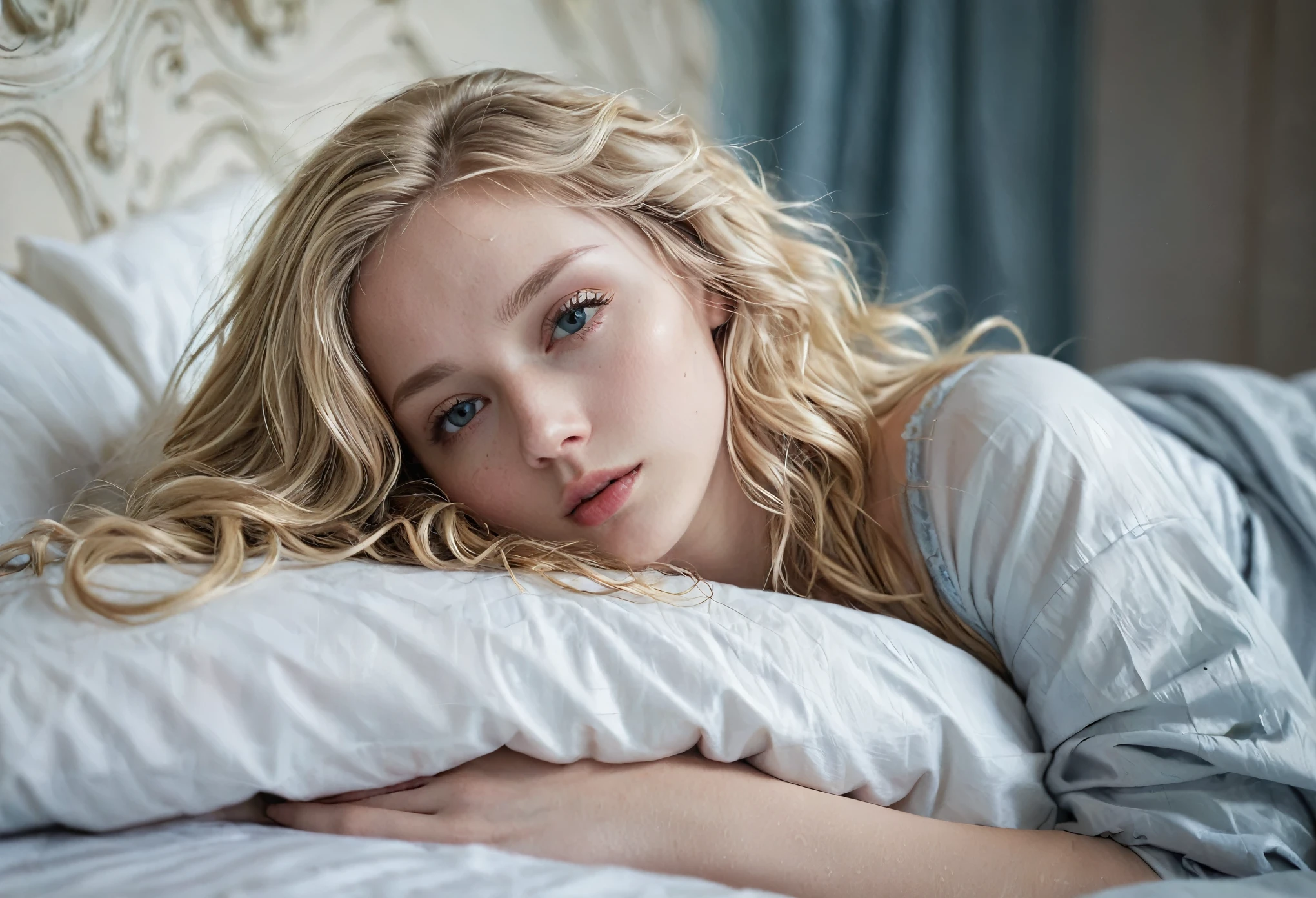 blonde girl, alone, (25 years old:1.3), beautiful lady, (Blonde extra long wavy hair:1.3), Detailed face:1.2), ((Detailed face features:1.3)), Delicate skin, pale skin, ((portrait:1.3)), wrapped in a paper, Bedroom environment, (Lying in bed:1.3), (Cool color scheme:1.2), wet, Reflective surface, (current:1.3), (High resolution:1.3), ((Realistic:1.4)), masterpiece, real details, shallow depth of field, seductive