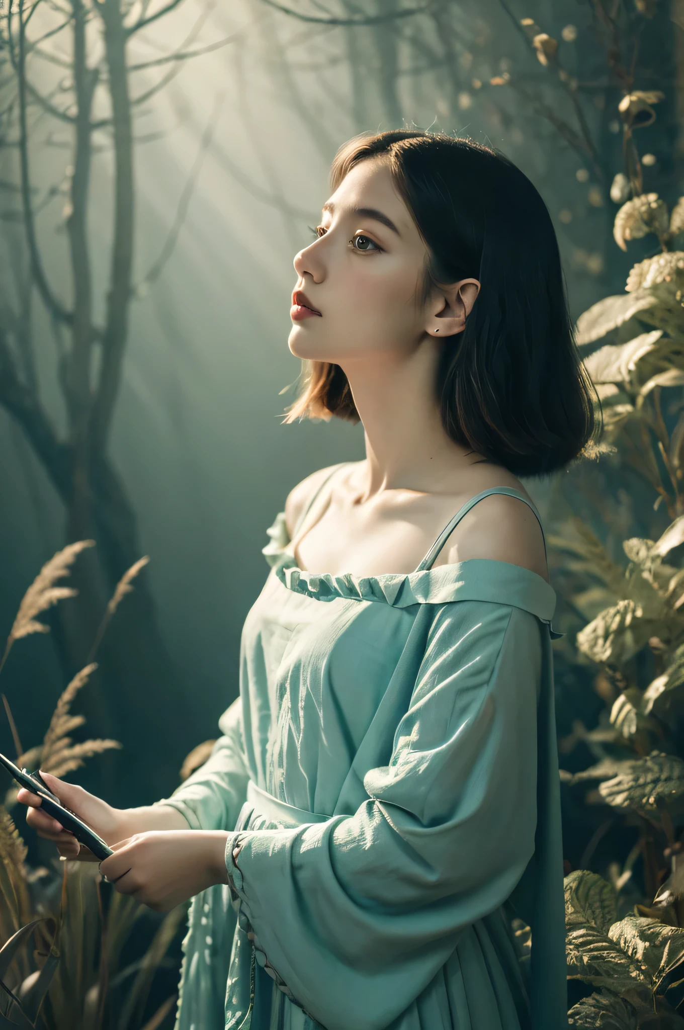 ( masterpiece, top quality, best quality,8k, girl,ultra detailed,raw photo:1.5),(photorealistic:1.4), (cinematic lighting), PerfectNwsjMajic, , Surrealism, UHD, ccurate, Super detail, textured skin, High detail, Best quality, dynamic angle, White skin,[Beautiful blue eyes], high nose,[flat chest:large breasts:0.5]),(good anatomy:0.5)), Dreamy atmosphere, Dark,expressive brush strokes, mystical ambiance, Artistic interpretation, Stunning Studio Ghibli style costumes, a whimsical illustration, Subtle colors and tones, mystical aura,straight face,outside