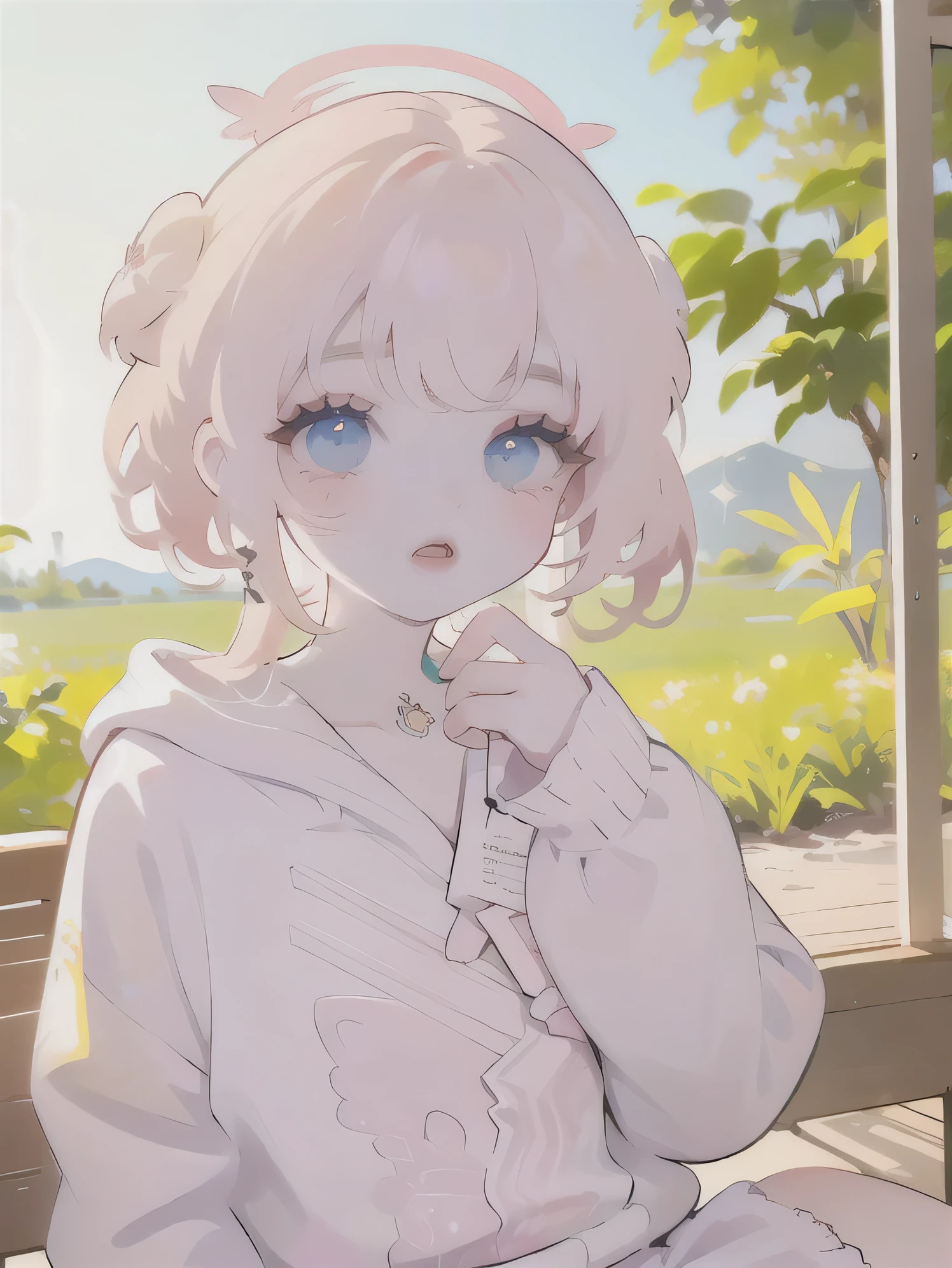 (high quality) (best quality) (a woman) (correct physiognomy) (perfect students) (perfect eyes) anime woman, deep pink, long and fluffy hair, two rabbit ears coming out of her head, blue eyes, lips sensitive, feminine appearance, soft facial features, thin eyebrows, soft skin, rosy cheeks, pink lips, silky eyelashes, dreamy expression, middle age, youthful clothing, print sweatshirt, photo illuminated by sunlight, Woman sitting on forest.
