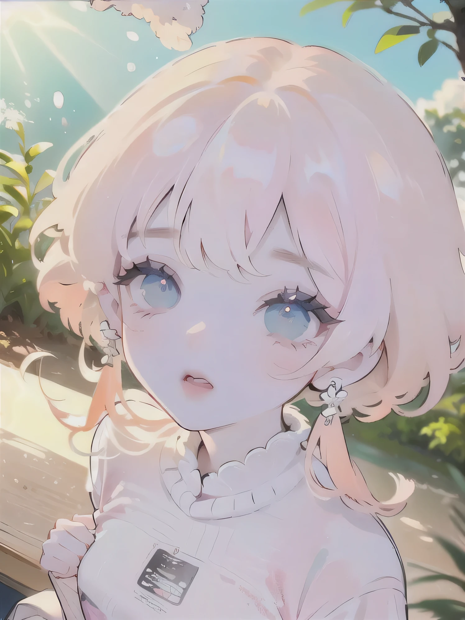 (high quality) (best quality) (a woman) (correct physiognomy) (perfect students) (perfect eyes) anime woman, deep pink, long and fluffy hair, two rabbit ears coming out of her head, blue eyes, lips sensitive, feminine appearance, soft facial features, thin eyebrows, soft skin, rosy cheeks, pink lips, silky eyelashes, dreamy expression, middle age, youthful clothing, print sweatshirt, photo illuminated by sunlight, Woman sitting on forest.