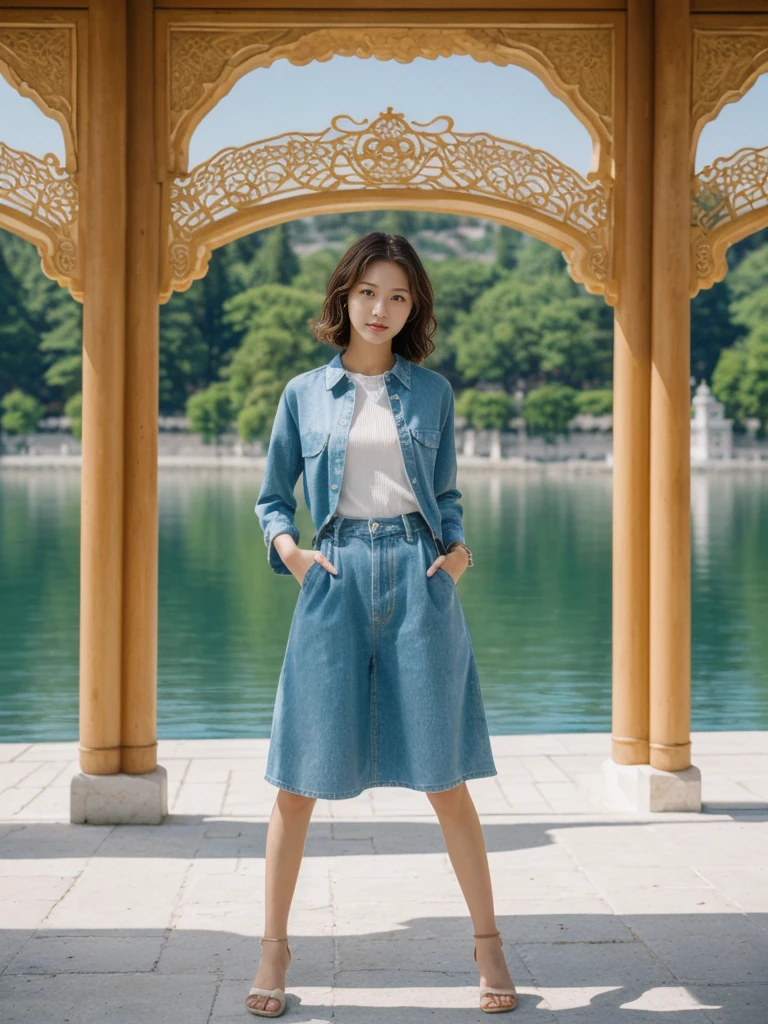 her name is Asako, high quality, 1girl, ((20-year-old fit Caucasian woman)), ((20 years old)), ((slim)), ((Wavy Bob)), pose: standing, wearing stylish fashionable Generation-Z modern wear different colored, BACKGROUND:At the Summer Palace, with tranquil lakes, ornate pavilions, and the majestic Longevity Hill