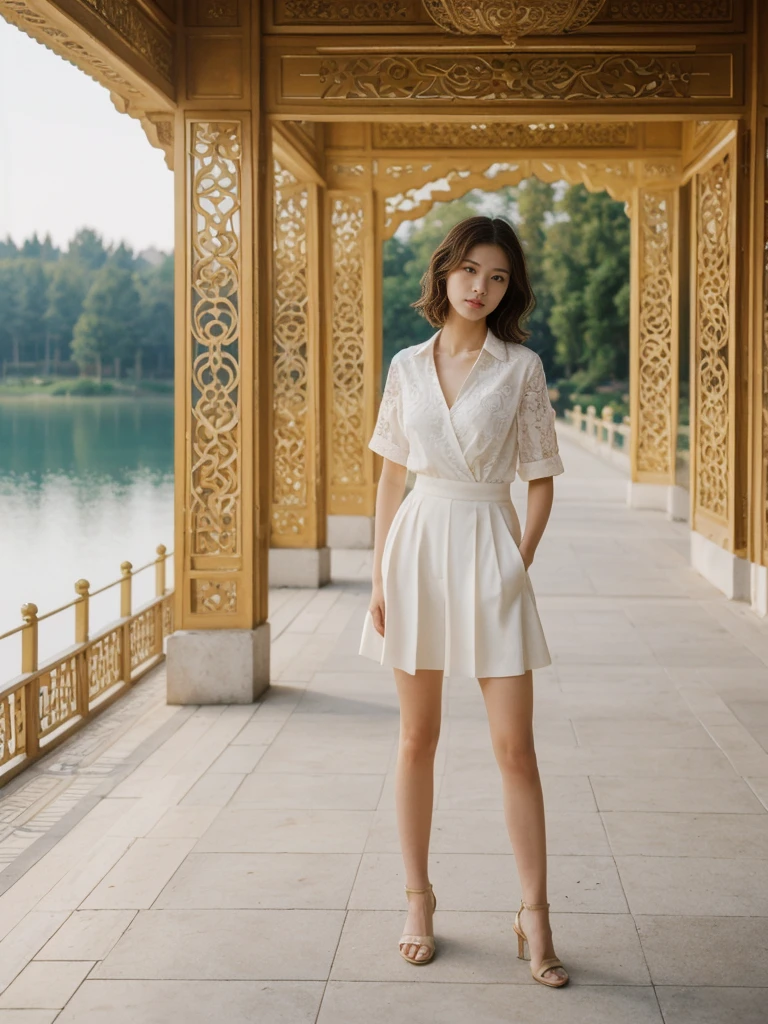 her name is Asako, high quality, 1girl, ((20-year-old fit Caucasian woman)), ((20 years old)), ((slim)), ((Wavy Bob)), pose: standing, wearing stylish fashionable Generation-Z modern wear different colored, BACKGROUND:At the Summer Palace, with tranquil lakes, ornate pavilions, and the majestic Longevity Hill