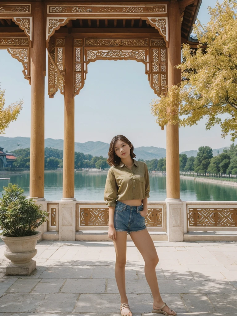 her name is Asako, high quality, 1girl, ((20-year-old fit Caucasian woman)), ((20 years old)), ((slim)), ((Wavy Bob)), pose: standing, wearing stylish fashionable Generation-Z modern wear different colored, BACKGROUND:At the Summer Palace, with tranquil lakes, ornate pavilions, and the majestic Longevity Hill