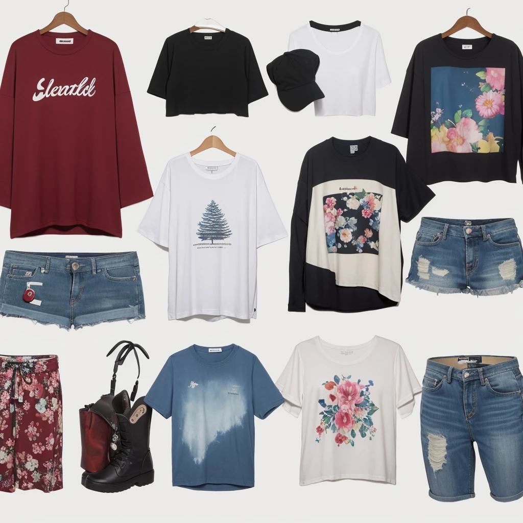 Generate 15 separate high-quality images of T-shirts for women, including plain white T-shirts, graphic tees with floral designs, striped T-shirts, cropped T-shirts, oversized T-shirts, and tie-dye T-shirts. Each image should display one T-shirt on a plain white background, without any human figures or mannequins. Each item should be isolated, floating, and centered in the image. Photorealistic, 4K resolution.