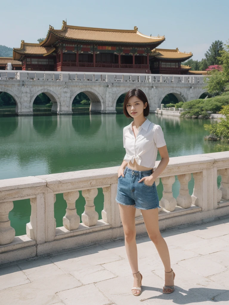 her name is Asako, high quality, 1girl, ((20-year-old fit Caucasian woman)), ((20 years old)), ((slim)), ((Wavy Bob)), pose: standing, wearing stylish fashionable Generation-Z modern wear different colored, BACKGROUND:At the Summer Palace, with tranquil lakes, ornate pavilions, and the majestic Longevity Hill