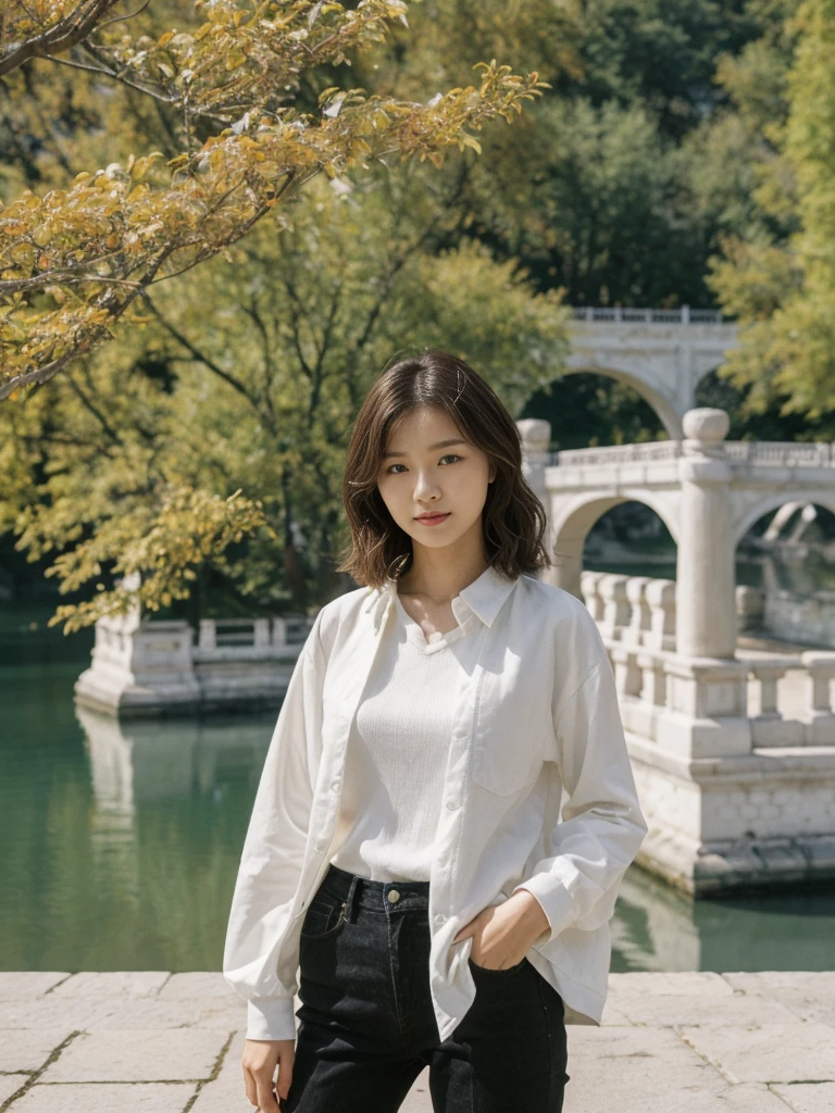 her name is Asako, high quality, 1girl, ((20-year-old fit Caucasian woman)), ((20 years old)), ((slim)), ((Wavy Bob)), pose: standing, wearing stylish fashionable Generation-Z modern wear different colored, BACKGROUND:At the Summer Palace, with tranquil lakes, ornate pavilions, and the majestic Longevity Hill