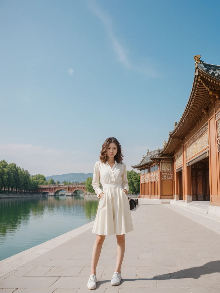 her name is Asako, high quality, 1girl, ((20-year-old fit Caucasian woman)), ((20 years old)), ((slim)), ((Wavy Bob)), pose: standing, wearing stylish fashionable Generation-Z modern wear different colored, BACKGROUND:At the Summer Palace, with tranquil lakes, ornate pavilions, and the majestic Longevity Hill