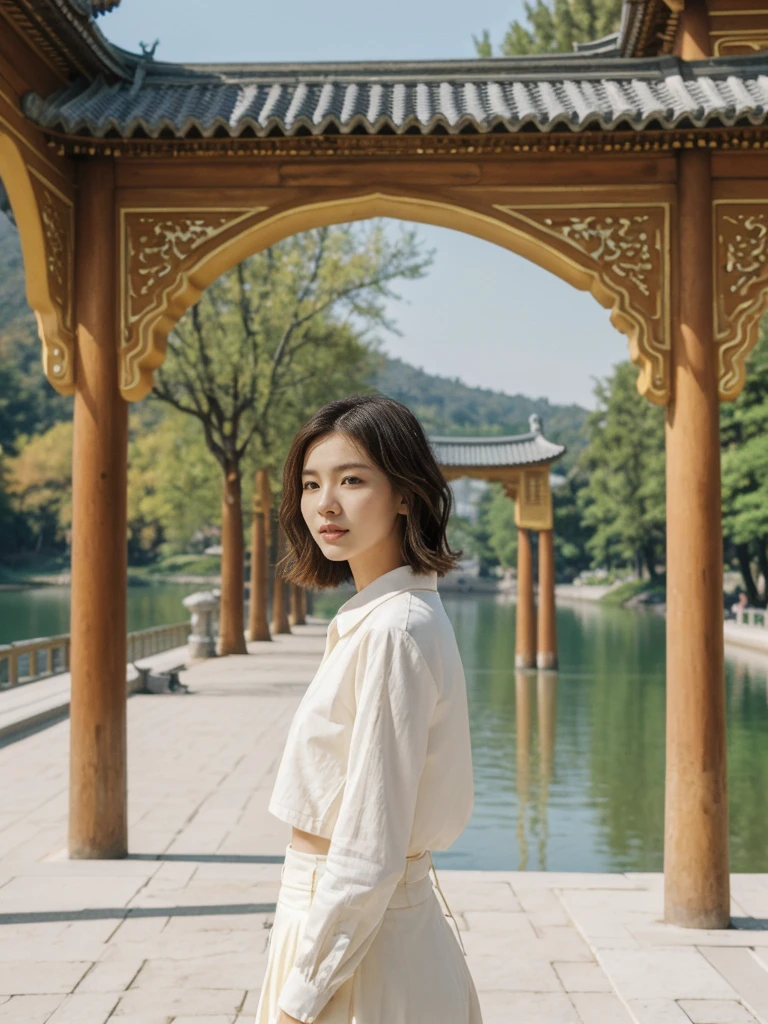 her name is Asako, high quality, 1girl, ((20-year-old fit Caucasian woman)), ((20 years old)), ((slim)), ((Wavy Bob)), pose: standing, wearing stylish fashionable Generation-Z modern wear different colored, BACKGROUND:At the Summer Palace, with tranquil lakes, ornate pavilions, and the majestic Longevity Hill