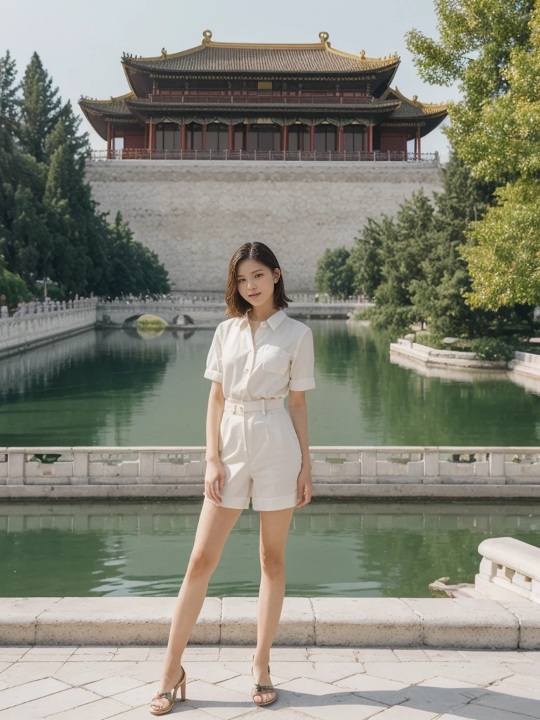 her name is Asako, high quality, 1girl, ((20-year-old fit Caucasian woman)), ((20 years old)), ((slim)), ((Wavy Bob)), pose: standing, wearing stylish fashionable Generation-Z modern wear different colored, BACKGROUND:At the Summer Palace, with tranquil lakes, ornate pavilions, and the majestic Longevity Hill