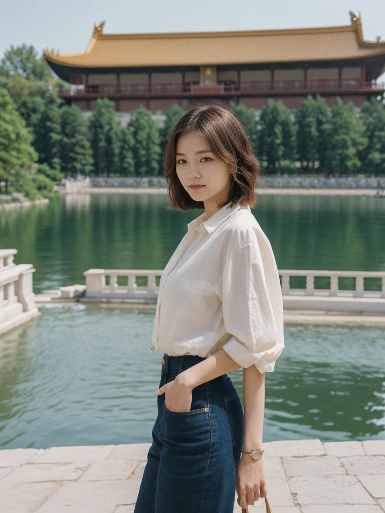 her name is Asako, high quality, 1girl, ((20-year-old fit Caucasian woman)), ((20 years old)), ((slim)), ((Wavy Bob)), pose: standing, wearing stylish fashionable Generation-Z modern wear different colored, BACKGROUND:At the Summer Palace, with tranquil lakes, ornate pavilions, and the majestic Longevity Hill