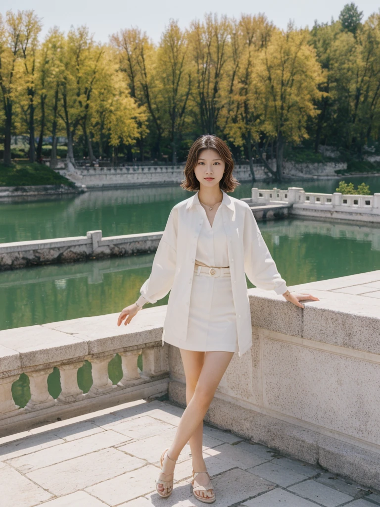 her name is Asako, high quality, 1girl, ((20-year-old fit Caucasian woman)), ((20 years old)), ((slim)), ((Wavy Bob)), pose: standing, wearing stylish fashionable Generation-Z modern wear different colored, BACKGROUND:At the Summer Palace, with tranquil lakes, ornate pavilions, and the majestic Longevity Hill