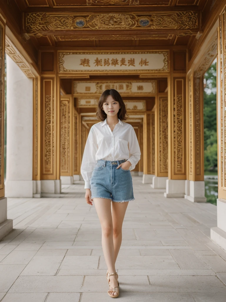 her name is Asako, high quality, 1girl, ((20-year-old fit Caucasian woman)), ((20 years old)), ((slim)), ((Wavy Bob)), pose: standing, wearing stylish fashionable Generation-Z modern wear different colored, BACKGROUND:At the Summer Palace, with tranquil lakes, ornate pavilions, and the majestic Longevity Hill