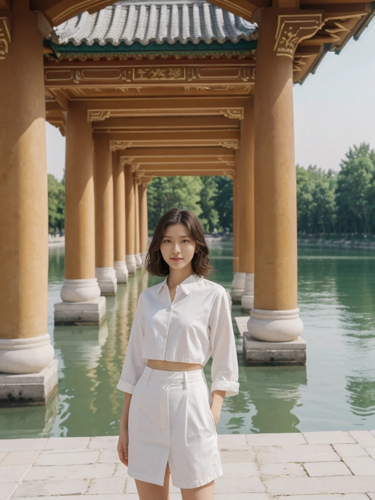 her name is Asako, high quality, 1girl, ((20-year-old fit Caucasian woman)), ((20 years old)), ((slim)), ((Wavy Bob)), pose: standing, wearing stylish fashionable Generation-Z modern wear different colored, BACKGROUND:At the Summer Palace, with tranquil lakes, ornate pavilions, and the majestic Longevity Hill