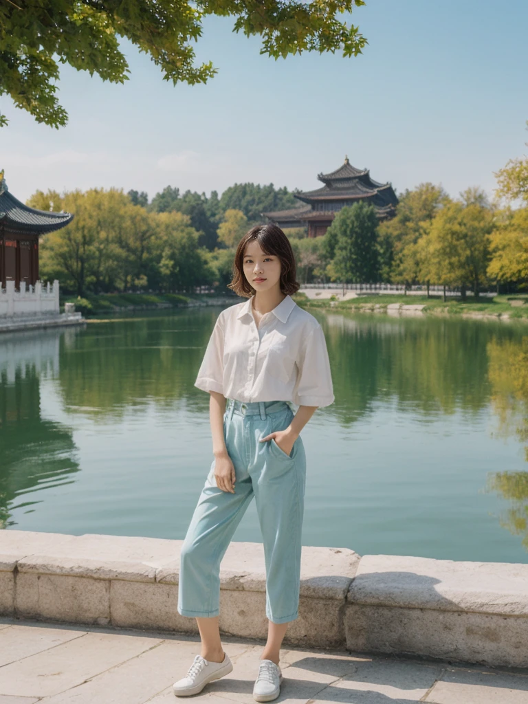her name is Asako, high quality, 1girl, ((20-year-old fit Caucasian woman)), ((20 years old)), ((slim)), ((Wavy Bob)), pose: standing, wearing stylish fashionable Generation-Z modern wear different colored, BACKGROUND:At the Summer Palace, with tranquil lakes, ornate pavilions, and the majestic Longevity Hill