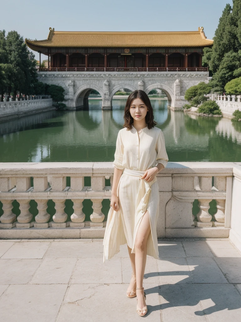 her name is Asako, high quality, 1girl, ((20-year-old fit Caucasian woman)), ((20 years old)), ((slim)), ((Wavy Bob)), pose: standing, wearing stylish fashionable Generation-Z modern wear different colored, BACKGROUND:At the Summer Palace, with tranquil lakes, ornate pavilions, and the majestic Longevity Hill