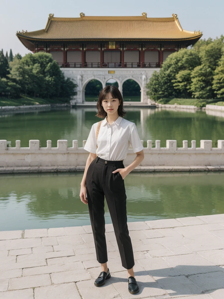 her name is Asako, high quality, 1girl, ((20-year-old fit Caucasian woman)), ((20 years old)), ((slim)), ((Wavy Bob)), pose: standing, wearing stylish fashionable Generation-Z modern wear different colored, BACKGROUND:At the Summer Palace, with tranquil lakes, ornate pavilions, and the majestic Longevity Hill