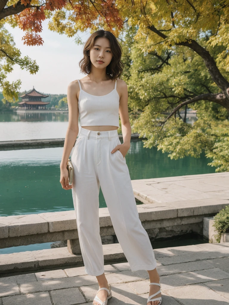 her name is Asako, high quality, 1girl, ((20-year-old fit Caucasian woman)), ((20 years old)), ((slim)), ((Wavy Bob)), pose: standing, wearing stylish fashionable Generation-Z modern wear different colored, BACKGROUND:At the Summer Palace, with tranquil lakes, ornate pavilions, and the majestic Longevity Hill