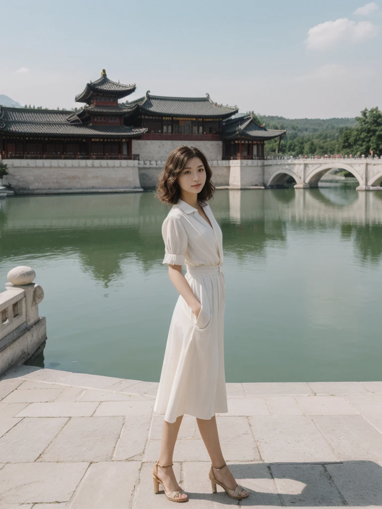 her name is Asako, high quality, 1girl, ((20-year-old fit Caucasian woman)), ((20 years old)), ((slim)), ((Wavy Bob)), pose: standing, wearing stylish fashionable Generation-Z modern wear different colored, BACKGROUND:At the Summer Palace, with tranquil lakes, ornate pavilions, and the majestic Longevity Hill