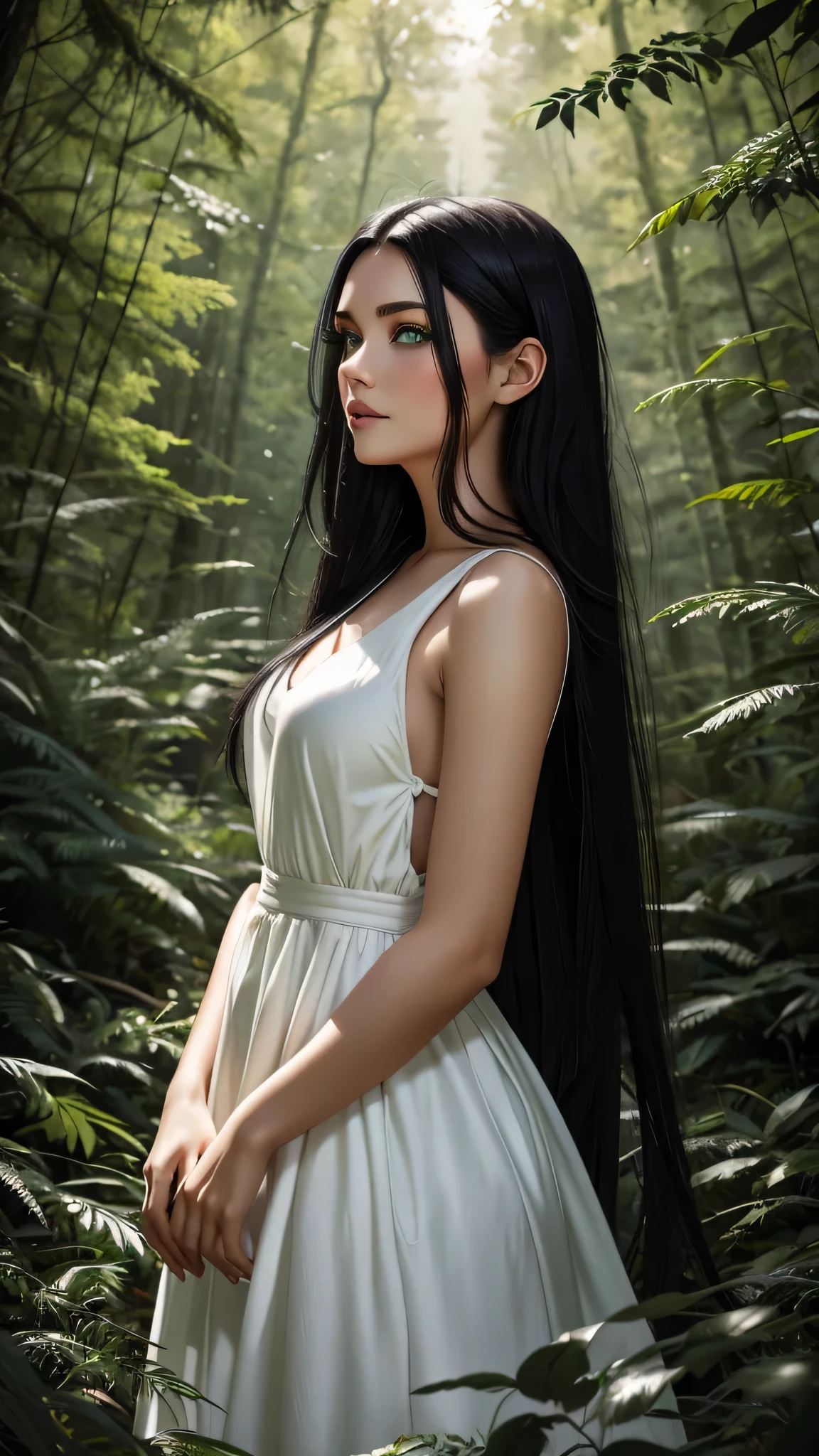 Beautiful girl with green eyes and long black hair wearing white dress in a beautiful forest photo shoot 