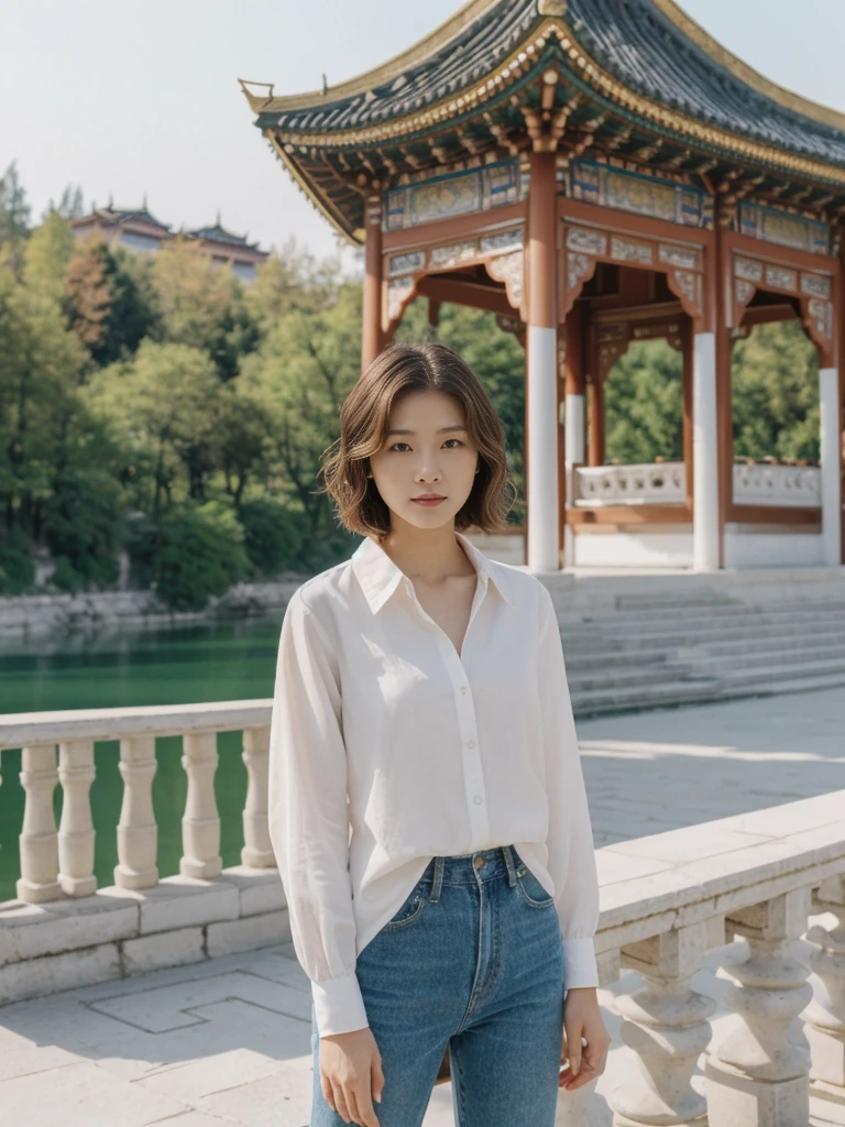her name is Asako, high quality, 1girl, ((20-year-old fit Caucasian woman)), ((20 years old)), ((slim)), ((Wavy Bob)), pose: standing, wearing stylish fashionable Generation-Z modern wear different colored, BACKGROUND:At the Summer Palace, with tranquil lakes, ornate pavilions, and the majestic Longevity Hill
