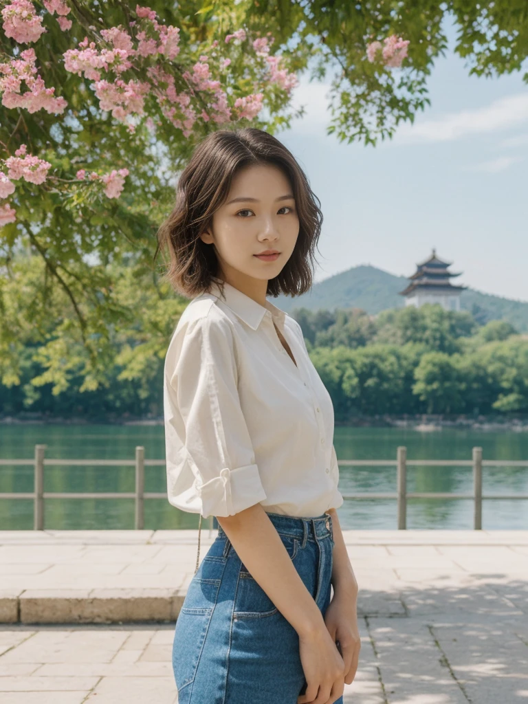 her name is Asako, high quality, 1girl, ((20-year-old fit Caucasian woman)), ((20 years old)), ((slim)), ((Wavy Bob)), pose: standing, wearing stylish fashionable Generation-Z modern wear different colored, BACKGROUND:At the Summer Palace, with tranquil lakes, ornate pavilions, and the majestic Longevity Hill