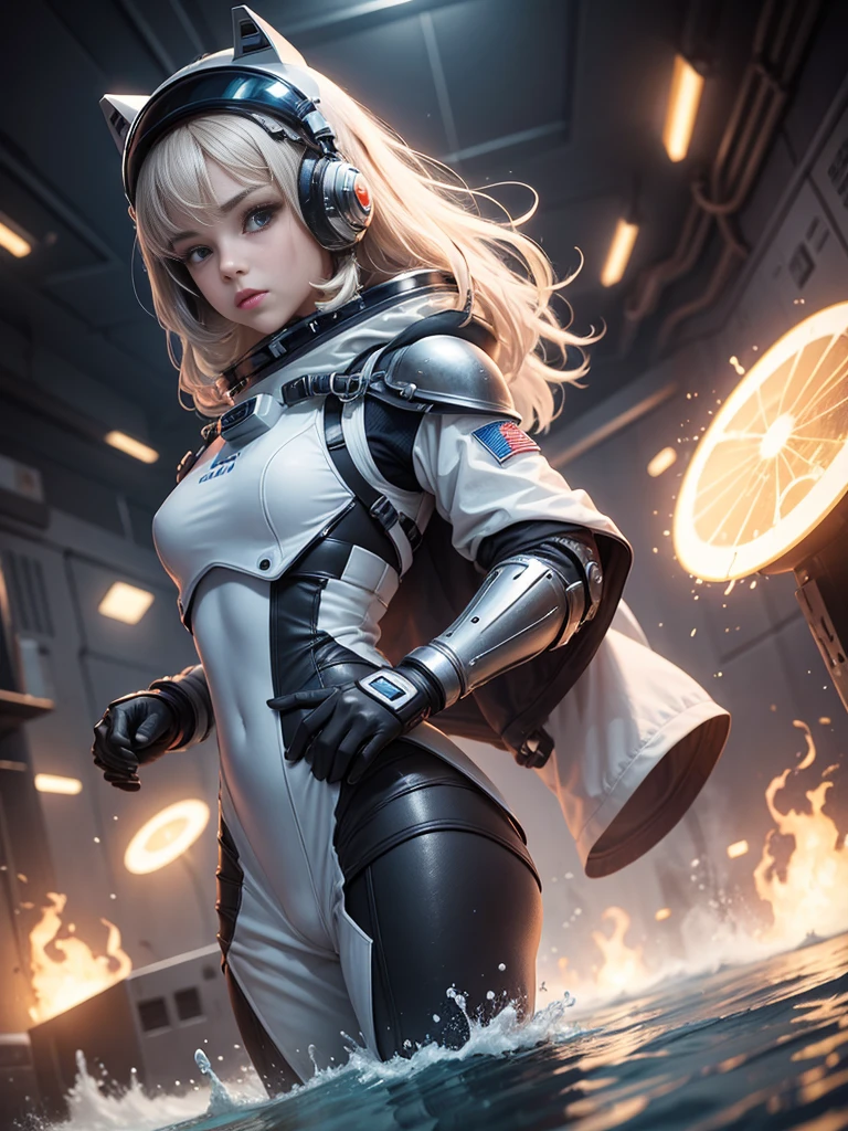 girl, With futuristic armor, transplant astronaut helmet, water powers.