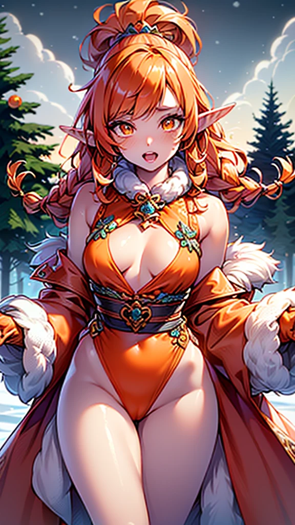 cute  elf,(((little ,tiny little body,little))),(((6 years old))),((anime elf  with extremely cute and beautiful orange hair)), (((elf))), (((elf ears))),

(((flat chest))),((((orange hair:1.35,messy orange hair,long hair,huge braids,colored inner hair,ear breathing)))),(((orange_eyes:1.3))),intricate eyes,beautiful detailed eyes,symmetrical eyes,big eyes:1.5,(((lustrous skin:1.5,bright skin: 1.5,skin tanned,shiny skin,very shiny skin,shiny body,plastic glitter skin,exaggerated shiny skin,illuminated skin))),(detailed body,(detailed face)),

cute,slutty,erotic,daring,(((nsfw))),

zettai ryouiki,revealing clothing,show skin,(((Sexy orange coat, orange coat outfit, wearing a orange coat:1.3,orange winter coat))), ((orange mini-skirt,orange mini skirt with furry edge,visible thong straps)),(white gloves,orange clothes,semi-naked,with little orange clothing,((((furry edge clothing)))),(((intricate outfit,intricate clothes,embroidered outfit,ornate outfit))),

(dynamic pose:1.0),embarrassed,(centered,scale to fit dimensions,Rule of thirds),

((snowy pine forest at night)),with dark stormy clouds,winter,scenery:1.25,((snow forest background)),Christmas tree,

highres,sharp focus,(ultra detailed,extremely detailed),(photorealistic artwork:1.37),(extremely detailed CG unity 8k wallpaper),(((vibrant colors,vibrant theme))),(intricate),(masterpiece),(best quality),