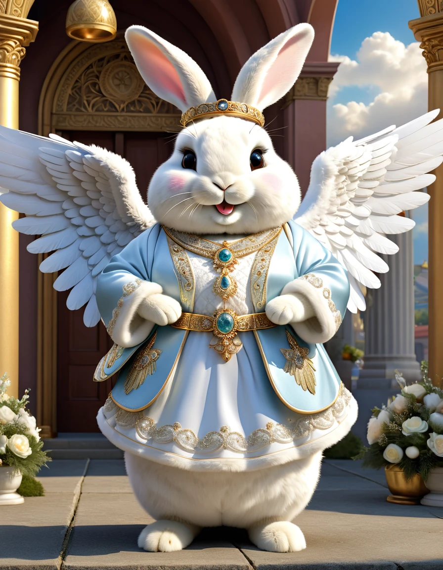 photorealistic portrait of Dressed animals-a ((fat)) ((rabbit)) angel,(furry), (elegant pose:1.5), (hands on hips:1.5),(smile:1.5),high quality,(angel wings),(lovely) ,intricate details, Wearing angel clothes , (angel's ring above head), highly detailed ((angel wings)) ,highly detailed decorations of clothes, angel boots , (happy), soft lighting,(full body image:2.0),holy temple background,clouds,score_9, score_8_up, score_7_up, score_6_up, score_5_up, score_4_up,