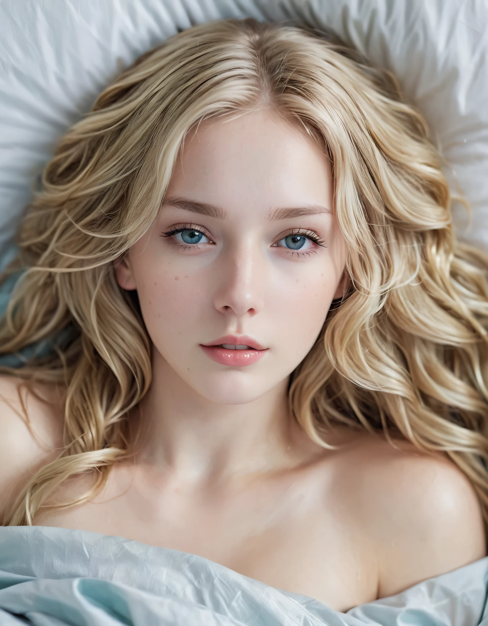 blonde girl, alone, (25 years old:1.3), beautiful woman, (Blonde extra long wavy hair:1.3), Detailed face:1.2), ((Detailed face features:1.3)), Delicate skin, pale skin, ((portrait:1.3)), wrapped in a paper, Bedroom environment, (Lying in bed:1.3), (Cool color scheme:1.2), wet, Reflective surface, (current:1.3), (High resolution:1.3), ((Realistic:1.4)), masterpiece, real details, seductive, shallow depth of field