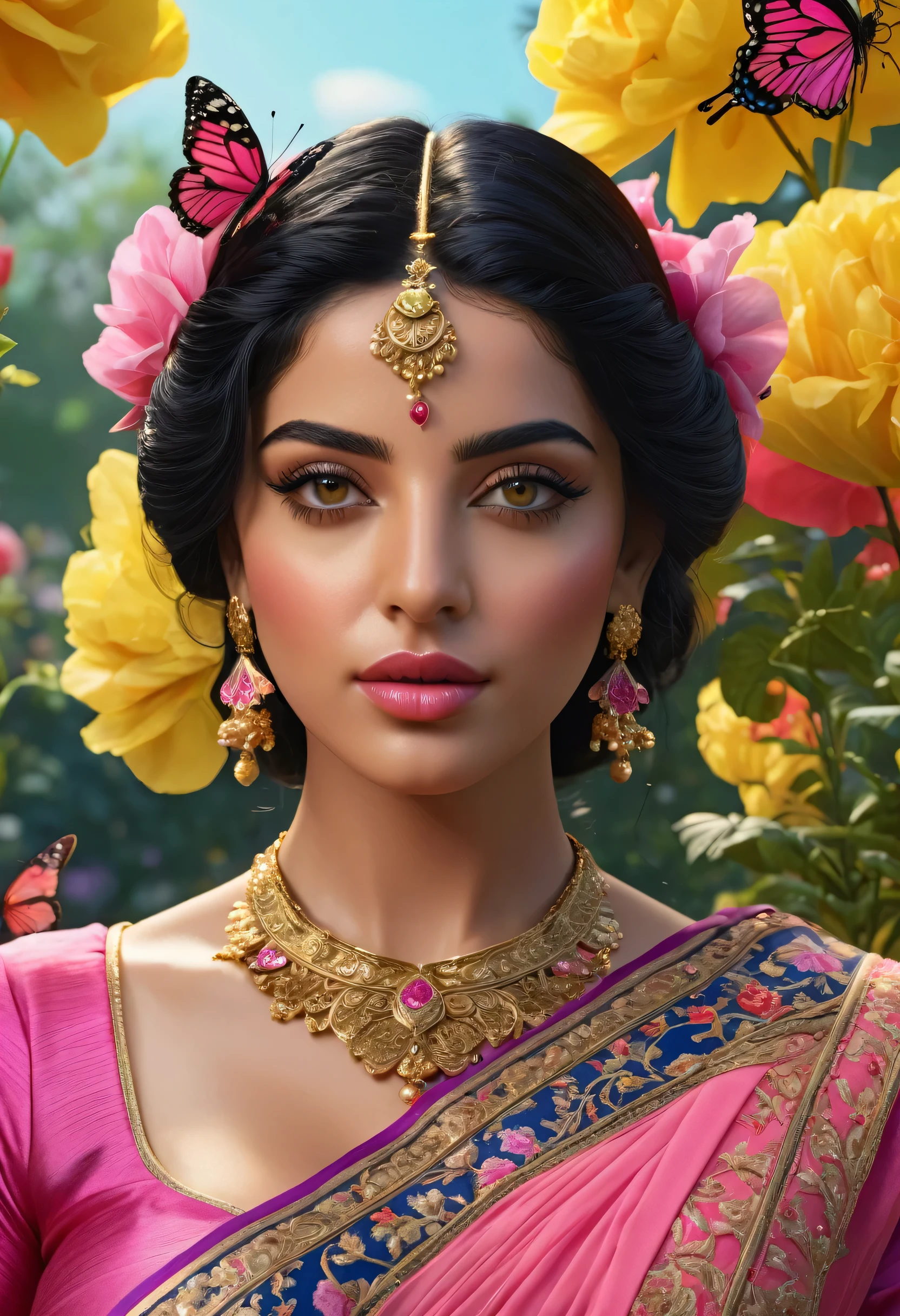 a middle east woman with black hair, beautiful detailed eyes, beautiful detailed lips, extremely detailed face, butterflies in her hair, wearing a pink saree dress with gold details, standing in a garden full of yellow, red, blue, pink flowers, ((large breasts)), (best quality,4k,8k,highres,masterpiece:1.2),ultra-detailed,(realistic,photorealistic,photo-realistic:1.37),intricate,ornate,highly detailed,hyper realistic,vivid colors,dramatic lighting,cinematic,ethereal,fantasy,elegant,beautiful,serene
