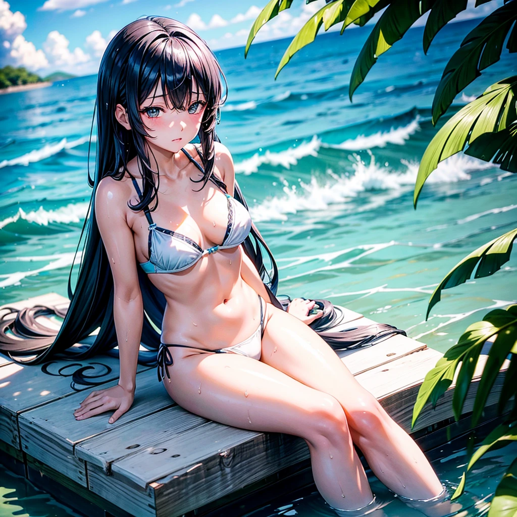 On the shores of a lagoon,Miku Nakano with long black hair,She is sitting alone with a white thong, and with a small bra with her legs open, and totally wet,with a very provocative face.