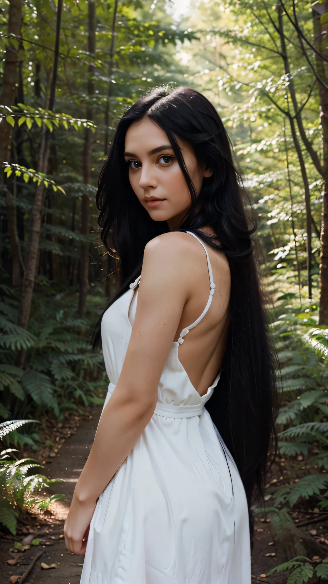 Beautiful girl with green eyes and long black hair wearing white dress in a beautiful forest photo shoot 