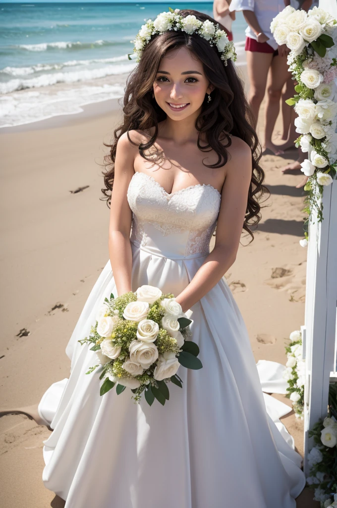 Curly brunette dressed as a bride at the altar happy with a subtle smile, bouquet of flowers in your hands, at an altar on the beach