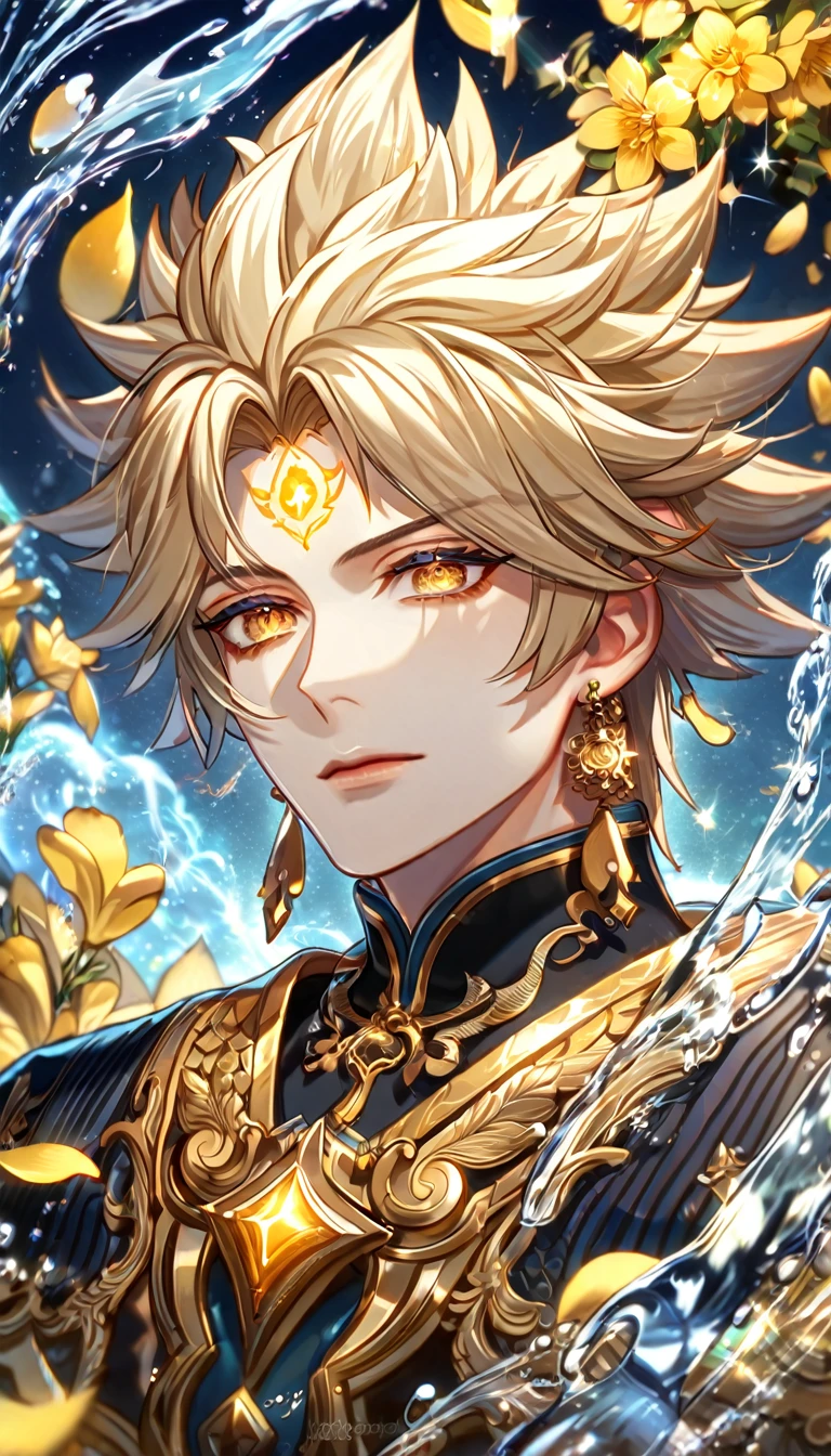 absurdres, highres, ultra detailed, HDR, master piece, best quality, extremely detailed, Susanoo, ash-blond spiked hair, expressive golden eyes, earrings, golden mark on his forehead, Onmyoji, solo, sexy man, handsome, black tunic, magical, fantasy, glittering, sparkling, glass, yellow flowers, yellow petals, water