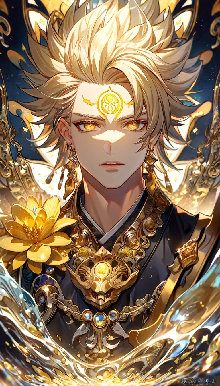 absurdres, highres, ultra detailed, HDR, master piece, best quality, extremely detailed, Susanoo, ash-blond spiked hair, expressive golden eyes, earrings, golden mark on his forehead, Onmyoji, solo, sexy man, handsome, black tunic, magical, fantasy, glittering, sparkling, glass, yellow flowers, yellow petals, water