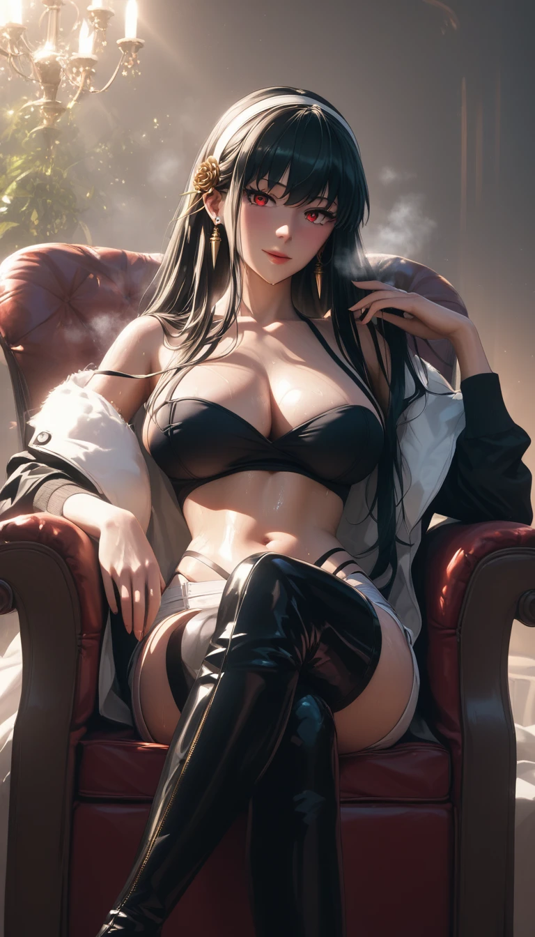 score_9, score_8_up, score_7_up, score_6_up, uncensored, Yor Briar, black hair, earrings, white hairband, hairband, long hair, sidelocks, red eyes, naughty face, shiny skin, sweating, steaming body, heavy breathing, BREAK (masterpiece:1.2), best quality, high resolution,(detailed eyes:1.3), perfect lighting,(perfect hands, perfect anatomy), large breasts, race queen, cropped jacket, huge breast,highleg bikini, micro shorts, thigh boots, peaked cap, sitting, crossed legs, armchair, nsfw, illustration, vibrant colors, warm tone, dramatic lighting, ethereal atmosphere, flowing robes, dramatic lighting, intense expression, mystical symbol, intense gaze, elegant pose, magical aura, enchanting beauty, mystical setting, enchanting artwork, intricate details. sweating, 
