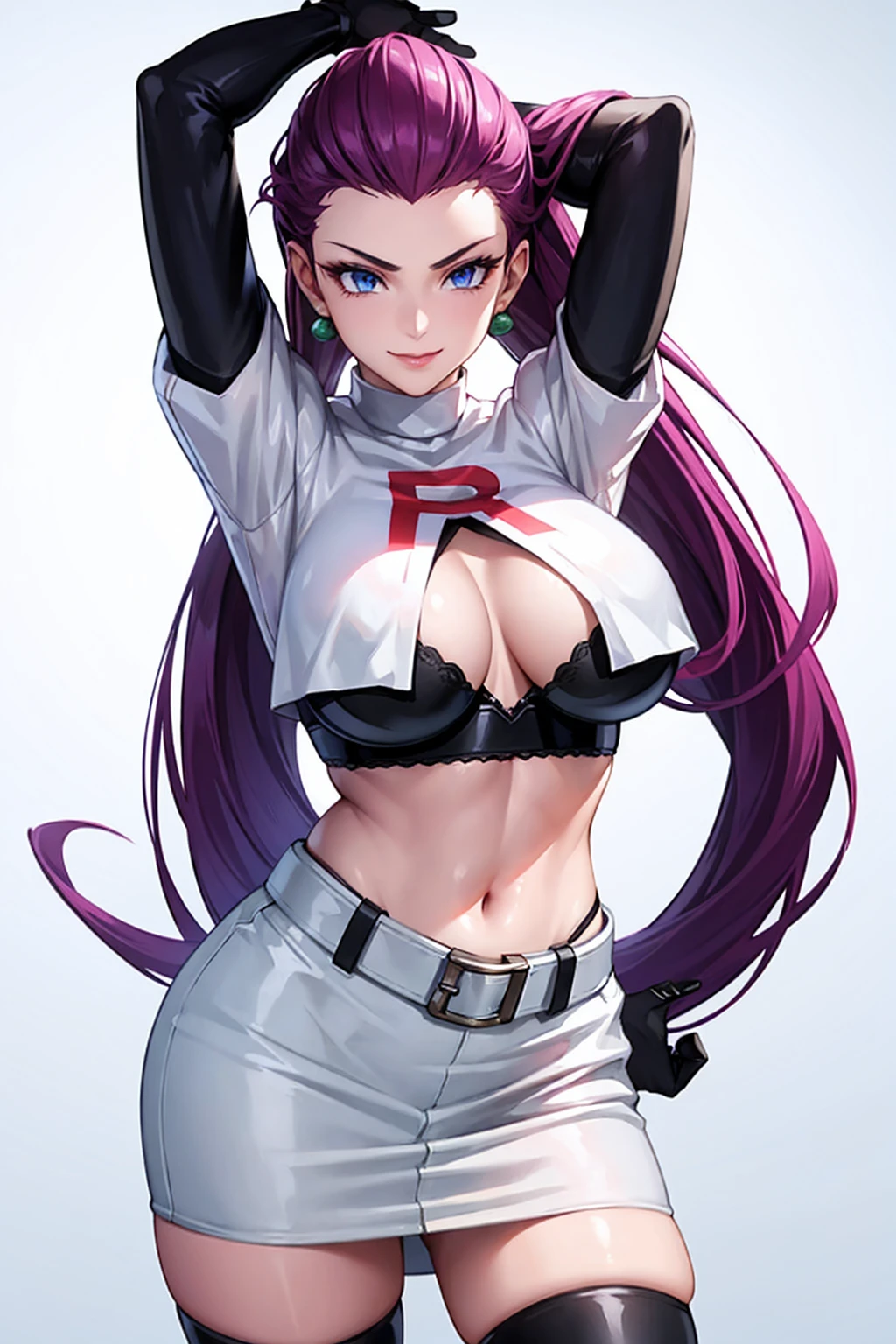 Masterpiece, stunning realistic, best quality, sharpness, 1 girl ,jessie pokemon, solo, team rocket, gloves, hair slicked back, long hair, jewelry, skirt, navel, thighhighs, earrings, elbow gloves, team rocket uniform, crop top, blue eyes, midriff, white background, belt, black gloves, very long hair, simple background, smile, black thighhighs, purple hair, looking at viewer, breasts, white skirt, miniskirt,large breasts,standing in a city,arms behind head ,shirt lift and pants pull up,(shirt lift:1)cute bra