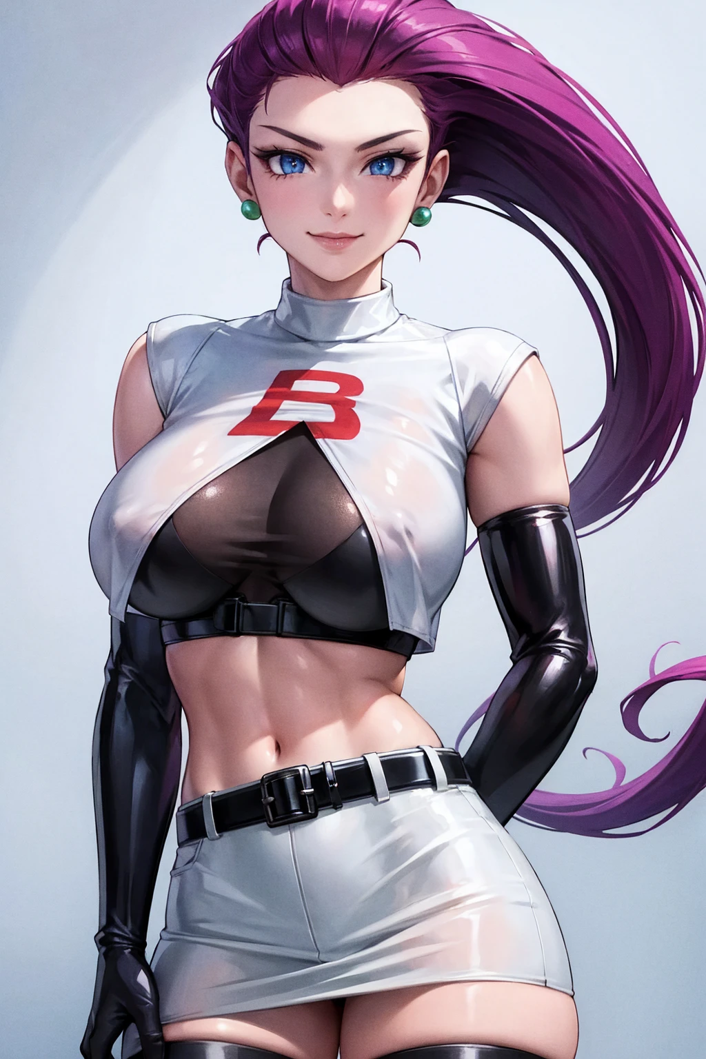 Masterpiece, stunning realistic, best quality, sharpness, 1 girl ,jessie pokemon, solo, team rocket, gloves, hair slicked back, long hair, jewelry, skirt, navel, thighhighs, earrings, elbow gloves, team rocket uniform, crop top, blue eyes, midriff, white background, belt, black gloves, very long hair, simple background, smile, black thighhighs, purple hair, looking at viewer, breasts, white skirt, miniskirt,large breasts,standing in a city,arms behind head ,shirt lift and pants pull up,(shirt lift:1)cute bra