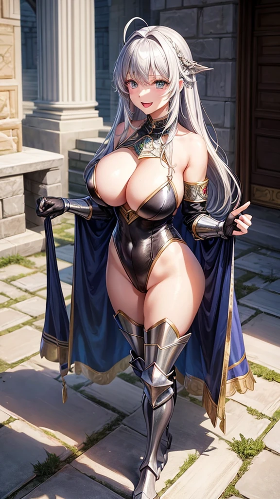 Woman knight、a beauty girl、huge tit、Excellent style、Nice Buddy、glamorous、leotard、s Armor、Bra chest armor、knee boots、gauntlets、hair adornments、silber hair、Longhaire、Ahoge、a medieval castle、is standing、full body seen、Outside the castle、natta、a smile、slightly open mouth