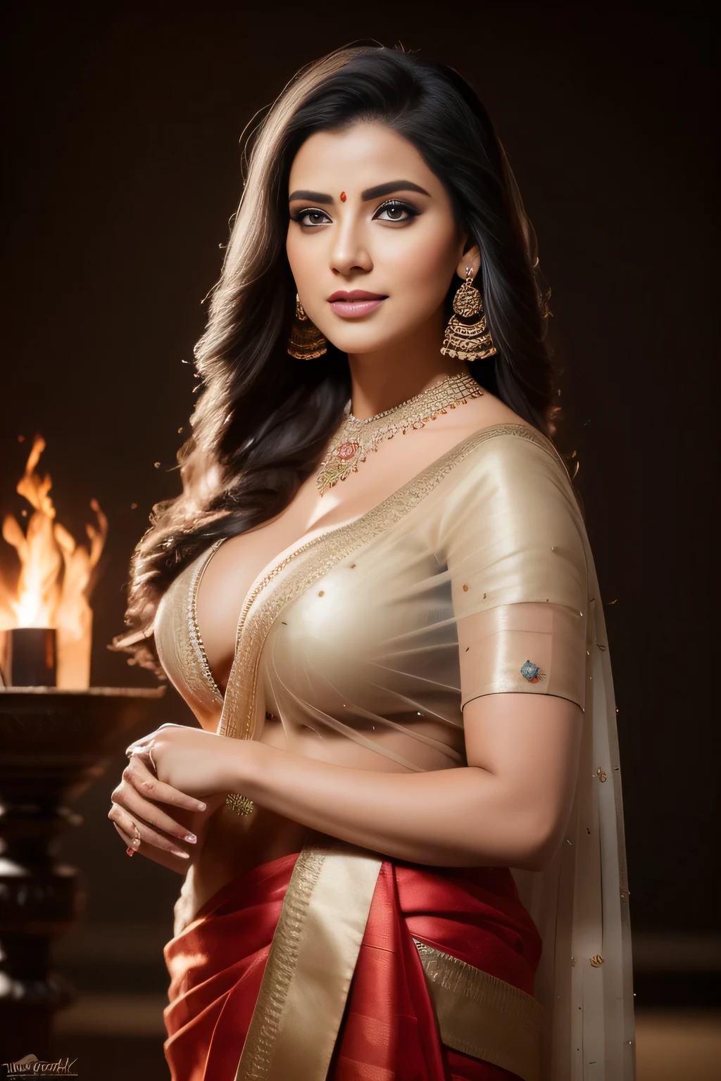 Portrait of A confident-looking indian royal queen with long flowing hair, hazel eyes, laughing, designer jewellery, traditional saree and blouse, full body covered, standing on top of palace, hill mahal background, twilight time, camp fire framing, bokeh, perfect composition, hyperrealistic, super detailed, 8k, high quality, trending art, trending on artstation, sharp focus, photo shoot, intricate details, highly detailed, art by greg rutkowski