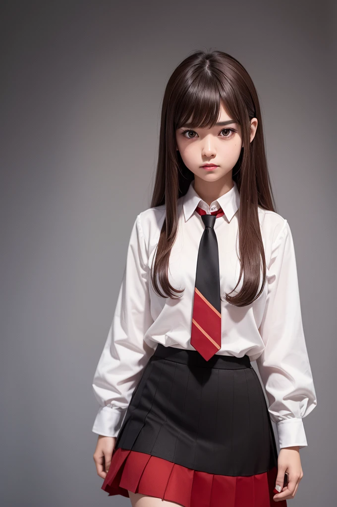 Character inspired by the emotions of Funnily 2 create an emotion with long brown hair with a fringe and brown eyes wearing a black skirt with a white shirt and a red tie and red ALL star 