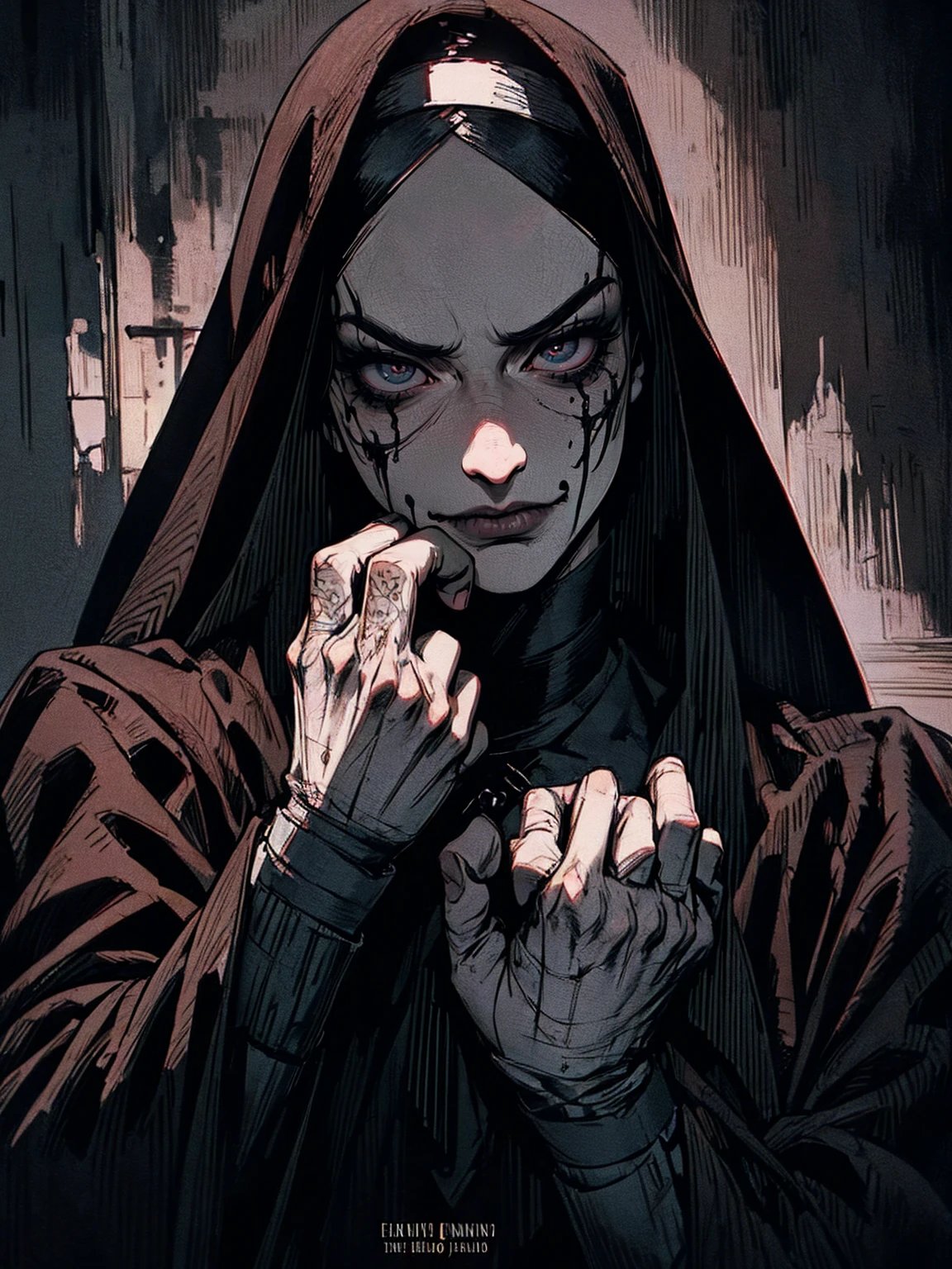 {-erro_de_anatomia:1.0} The Punisher, Nightmare before Christmas style, (masterpiece, best quality), (perfect hands), (hyper-realistic:1.6), (detailed face), (award-winning), (sharp), (8k resolution), (cinematic lighting), colors: dark and gloomy, (haunting), (intense expression), (detailed skull emblem), (eerie atmosphere), (comic book vibe),(gritty), (dramatic shadows), (dynamic pose), (ominous vibe), (artistically rendered), (sinister), (captivating), (gothic), (mysterious settinoody color palette), (expertly painted), (uneasy feeling), (intricate detailing), (sinister smile), (foreboding), (captivating eyes), (horror elements), (captivating composition), (impressive anatomy),(striking contrast), (foreboding mood), (exquisite craftsmanship), (intriguing character design), (nun), classic nun wear, brown eyes,