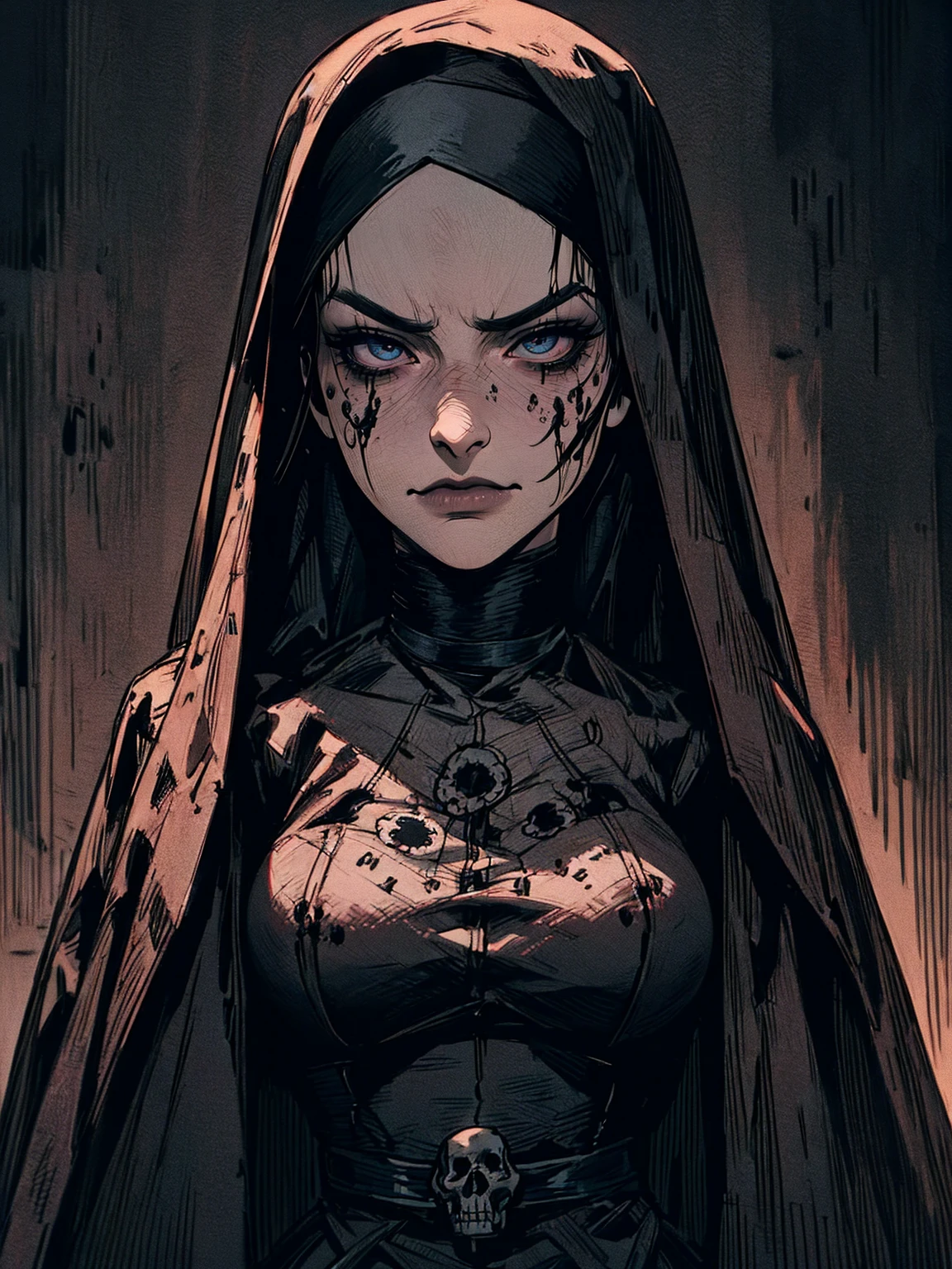 {-erro_de_anatomia:1.0} The Punisher, Nightmare before Christmas style, (masterpiece, best quality), (perfect hands), (hyper-realistic:1.6), (detailed face), (award-winning), (sharp), (8k resolution), (cinematic lighting), colors: dark and gloomy, (haunting), (intense expression), (detailed skull emblem), (eerie atmosphere), (comic book vibe),(gritty), (dramatic shadows), (dynamic pose), (ominous vibe), (artistically rendered), (sinister), (captivating), (gothic), (mysterious settinoody color palette), (expertly painted), (uneasy feeling), (intricate detailing), (sinister smile), (foreboding), (captivating eyes), (horror elements), (captivating composition), (impressive anatomy),(striking contrast), (foreboding mood), (exquisite craftsmanship), (intriguing character design), (nun), classic nun wear, brown eyes,