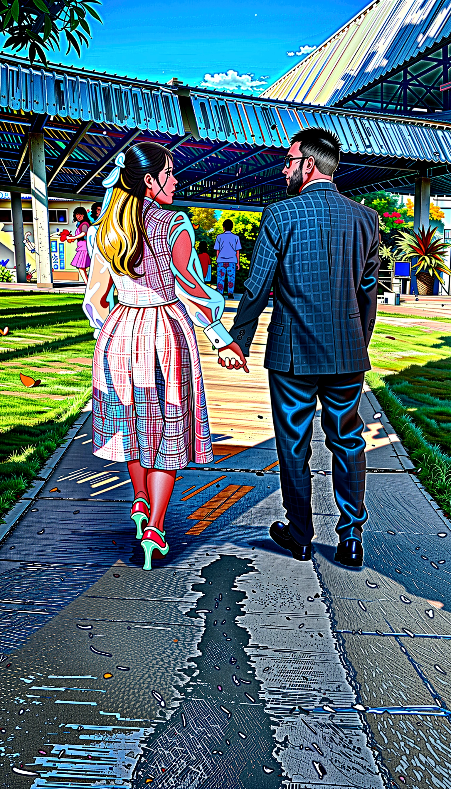 work of art, maximum quality, 16:ratio of 9,
a boy and a , holding hands, Walking Path,
louka, Flowers blooming, lively fairytale atmosphere,
Warm sunlight filtering through the leaves,
gentle breeze swaying petals,
butterflies flying around,
rabbit peeping from the bushes,
birds singing harmoniously,
sky dotted with fluffy white clouds,
sun setting beyond the horizon, casting warm glow.